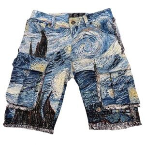 Men’s Rebel Vengeance Starry Night Cargo Tapestry Shorts Size 30 Art To Wear